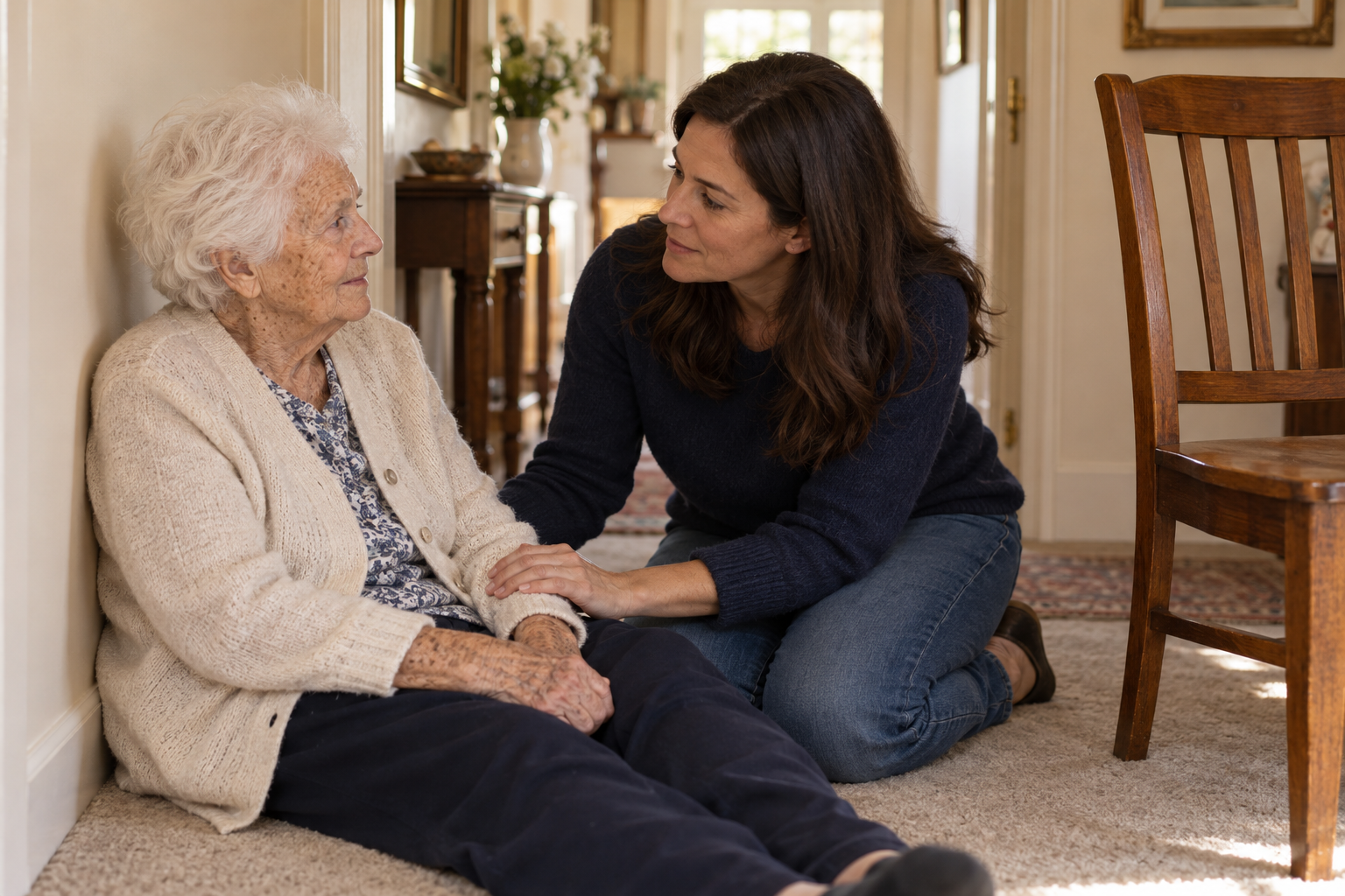 "An adult daughter sitting calmly on the floor beside her older mother after a fall at home"
